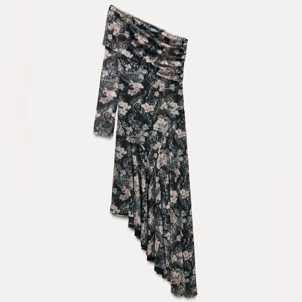 NWT ZARA ASYMMETRIC PRINTED TULLE DRESS SIZE XS 5039/408/085